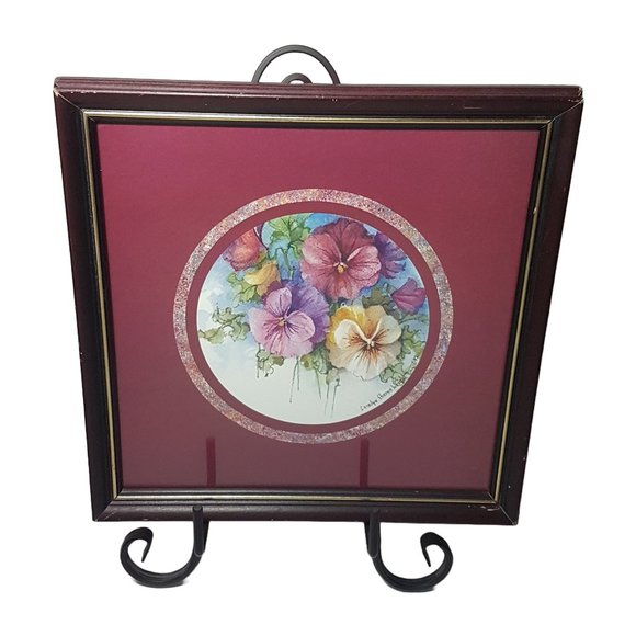 Vintage 1990s Carolyn Shores Wright Framed Print Floral Flowers Pansy Pansies - Picture 1 of 5